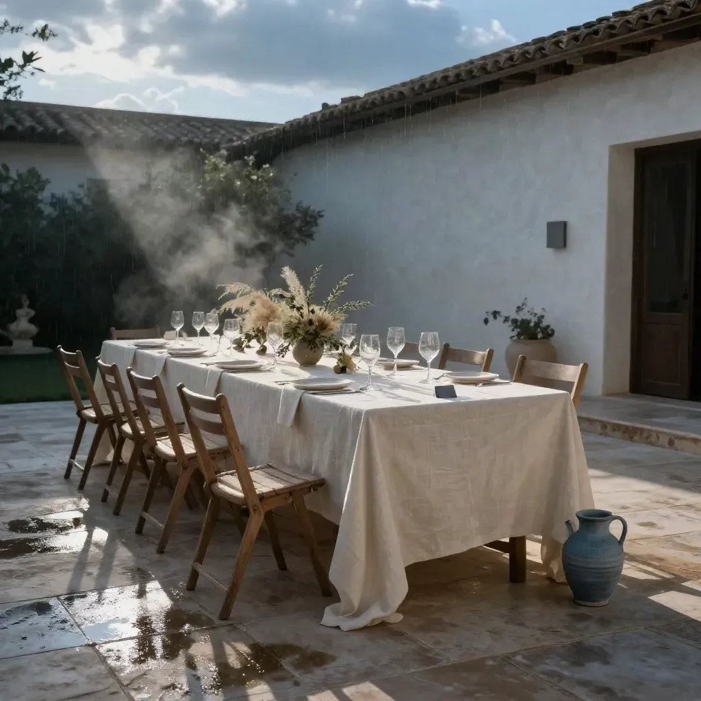 Patio mediterráneo vacío tras la lluvia, mesa comunal lista, copas y lino, luz dorada lateral.