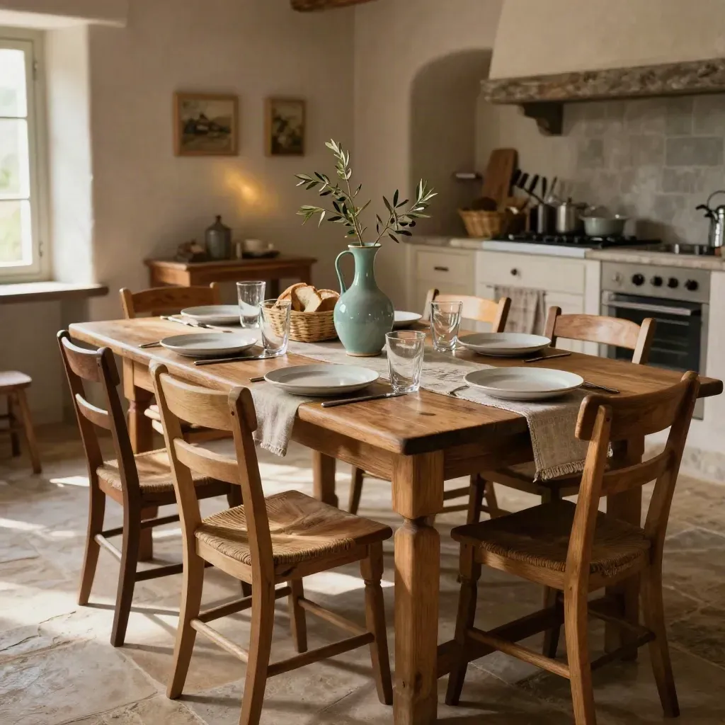 Mesa comunal preparada en casa rural con vajilla neutra, paneras y jarras junto a sillas listas.