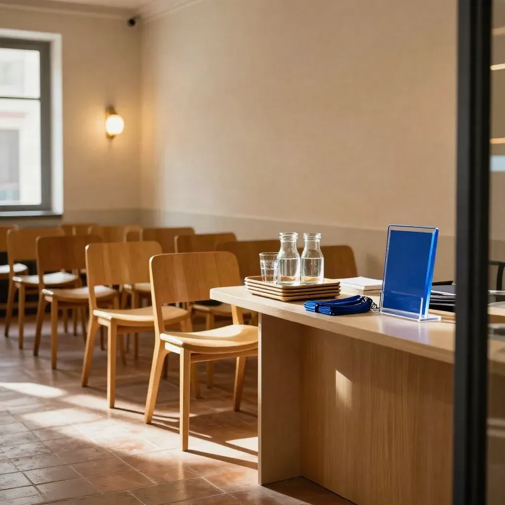 Salón de asociación en Valencia listo, con sillas alineadas y mesa de bienvenida vacía.