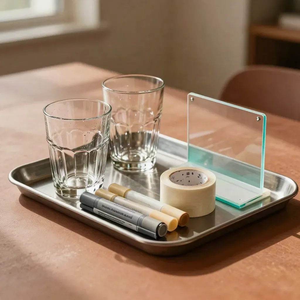 Bandeja con vasos apilados, rotuladores y cinta sobre una mesa cálida de reunión.