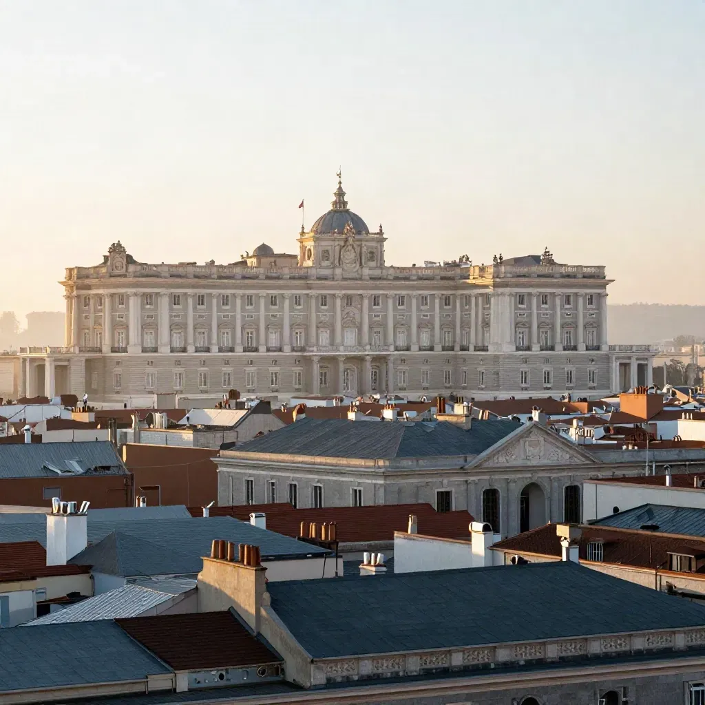 Madrid al amanecer con el Palacio Real y tejados de piedra bajo una bruma suave.