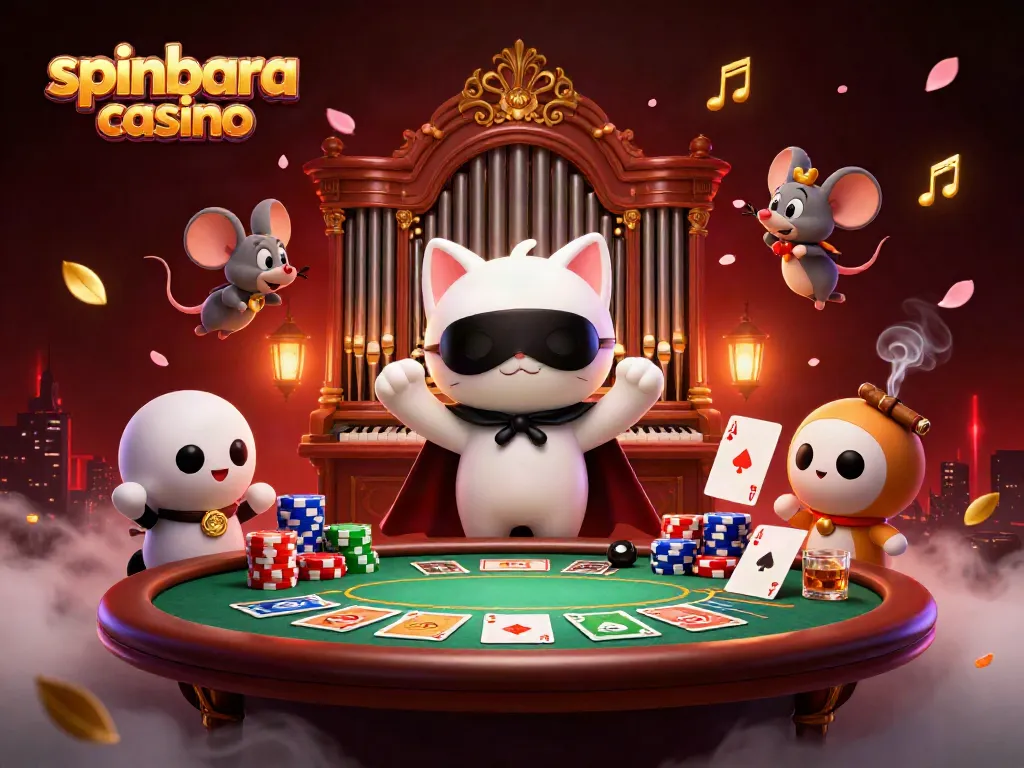 Engage with spinbara casino's thrilling atmosphere, featuring whimsical characters and vibrant gambling elements.